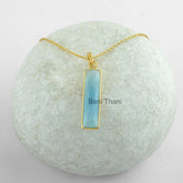 Bar Pendant, Bridal Necklace, Blue Chalcedony 7x30mm Gemstone Necklace, Gold Plated Sterling Silver Bezel Necklace, Christmas Gift Necklace